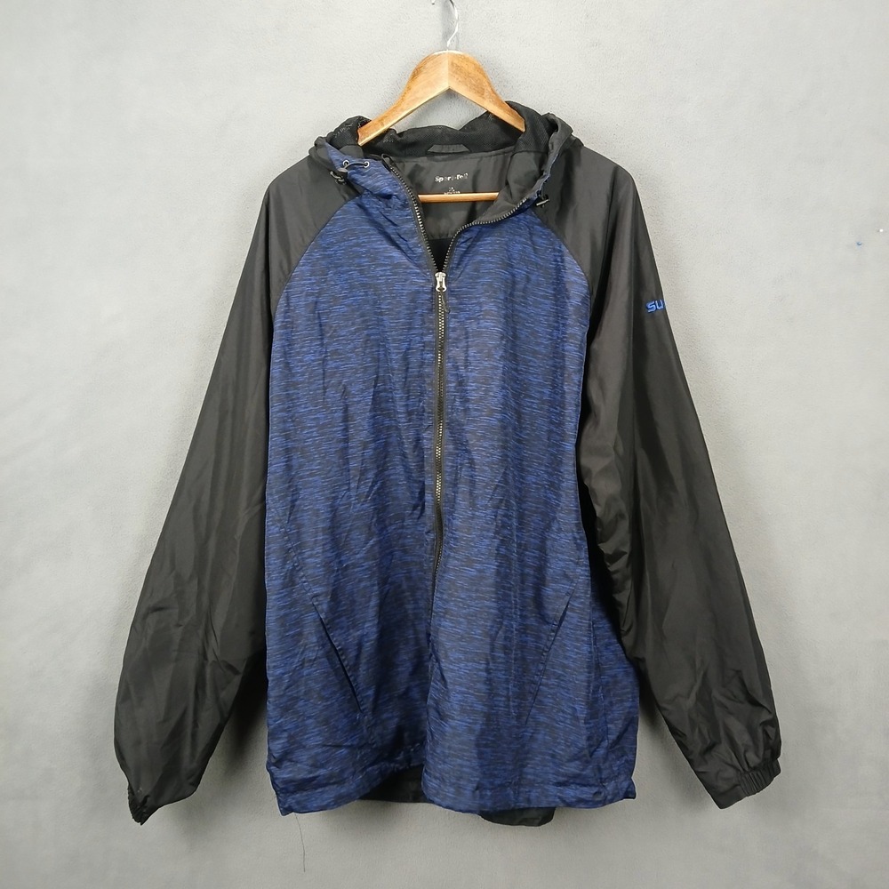 Sport Tek Windbreaker Jacket Mens XL Heather Blue Black Colorblock Raglan Hooded